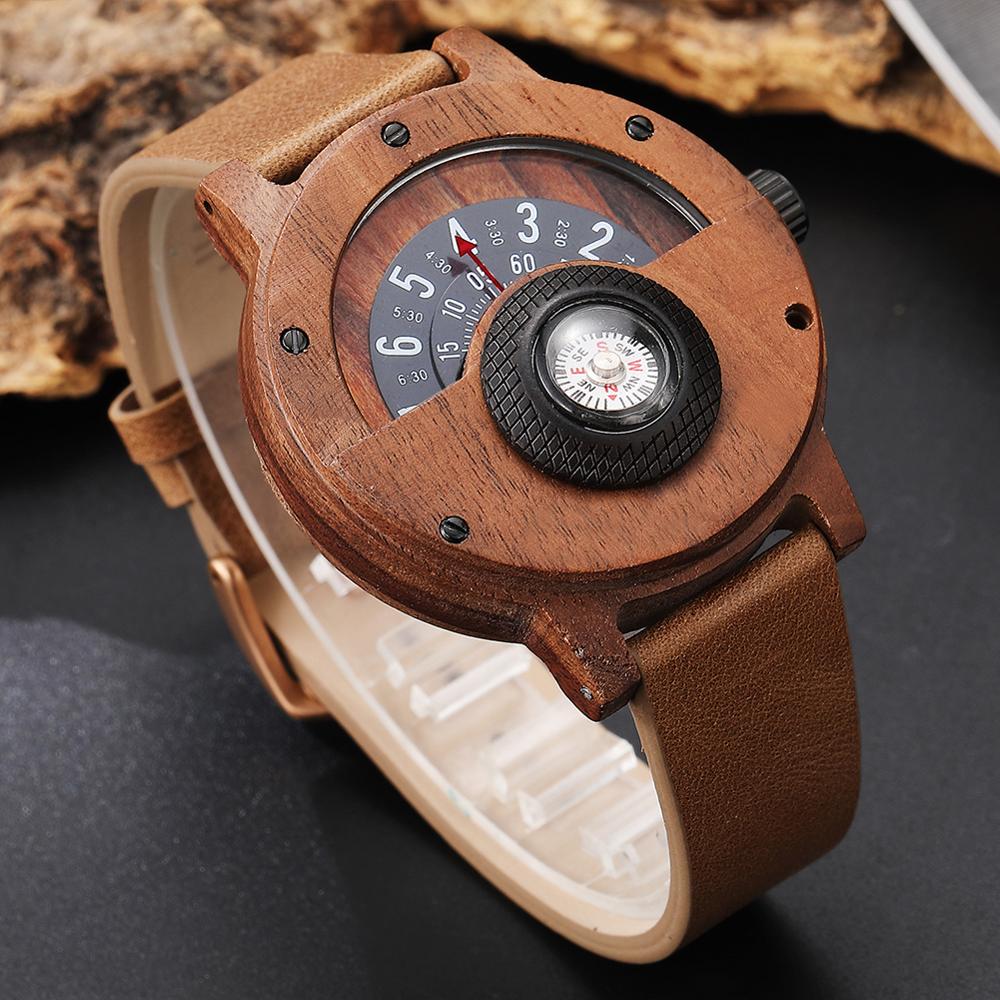 LANDGAP Creative Wooden Watch Men Turntable Compass Dial