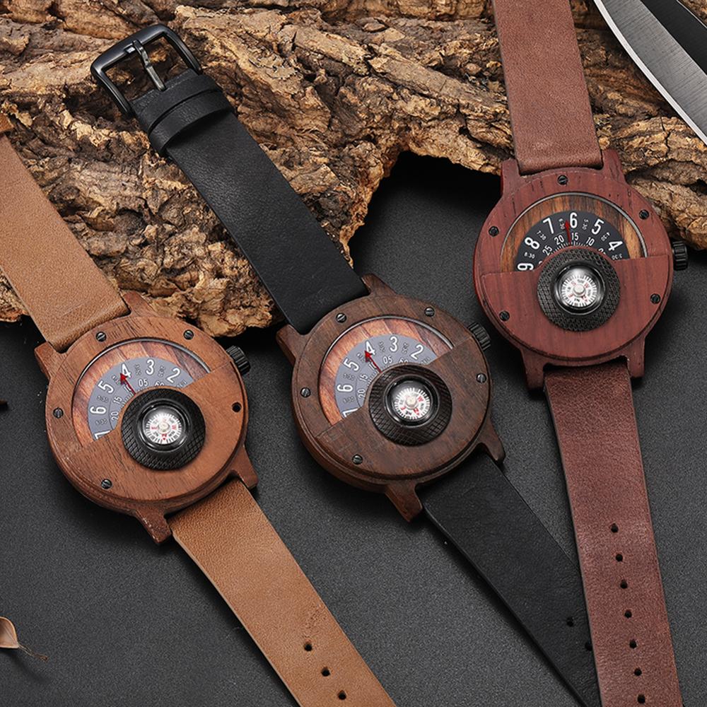 LANDGAP Creative Wooden Watch Men Turntable Compass Dial