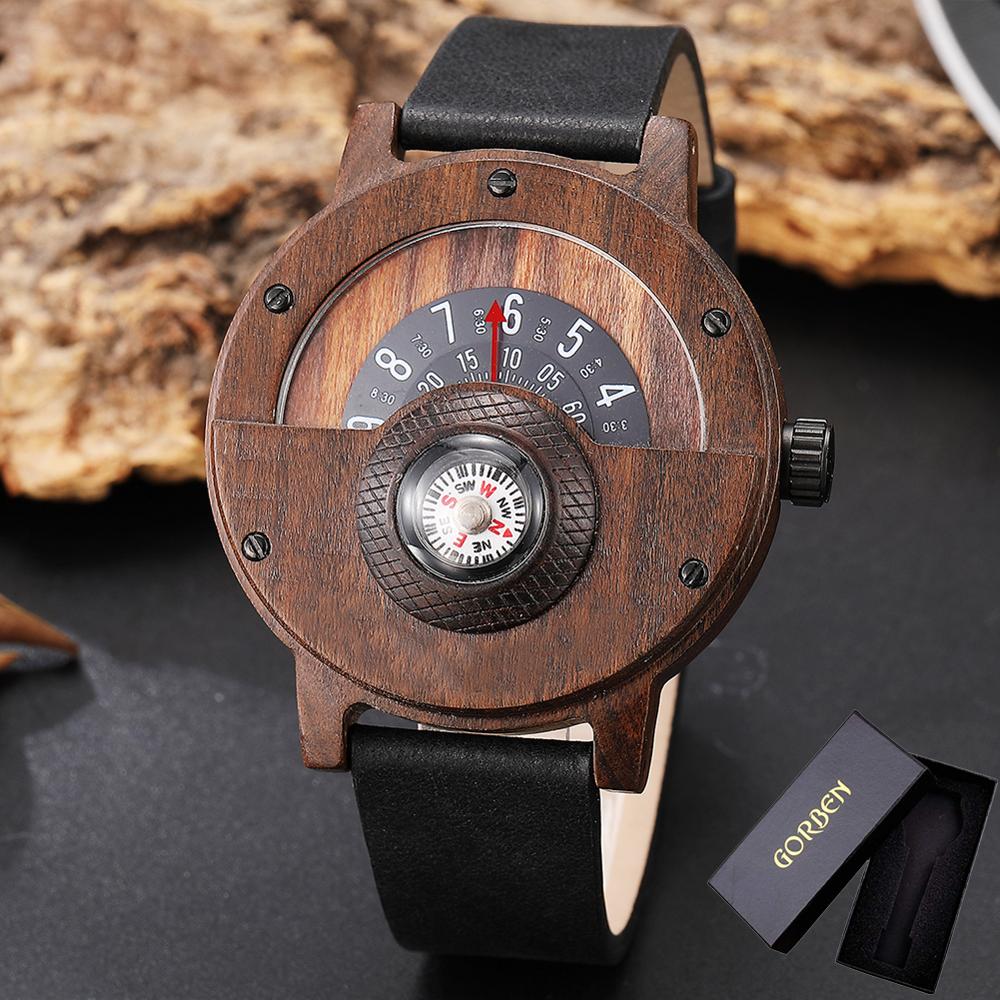 LANDGAP Creative Wooden Watch Men Turntable Compass Dial