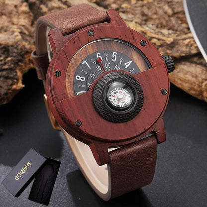 LANDGAP Creative Wooden Watch Men Turntable Compass Dial