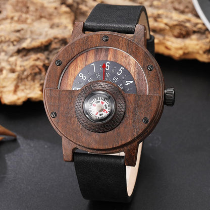 LANDGAP Creative Wooden Watch Men Turntable Compass Dial